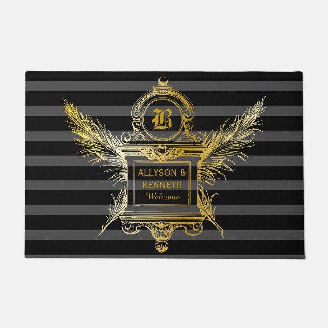 Paillasson Antique Quill Plumes Classic Gold Cadre Monogramme (Devant)