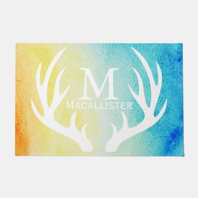 Paillasson Antlers de cerfs blancs Aquarelle jaune et bleue p (Devant)