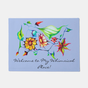 Paillasson Aquarelle Art Déco Exotique Fleurs - Gris Bleu