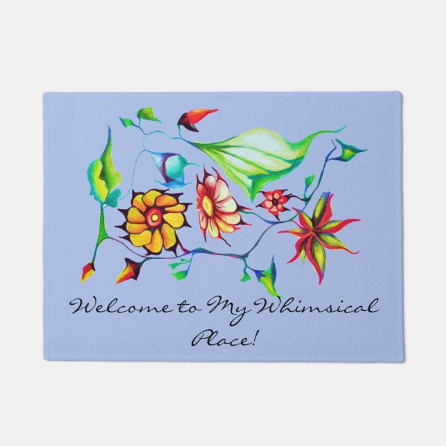 Paillasson Aquarelle Art Déco Exotique Fleurs - Gris Bleu (Devant)