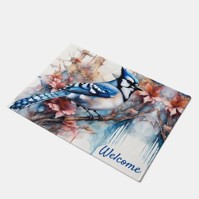 Paillasson Aquarelle bleu Jay Cherry Blossoms (Incliné)