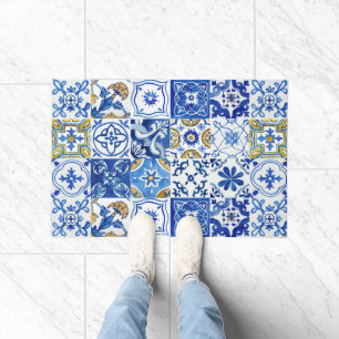 Paillasson Aquarelle bleu méditerranéen, blanche et jaune