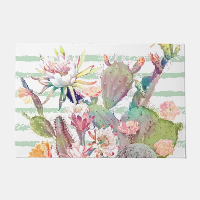 Paillasson Aquarelle Cactus Floral Stripes Design (Devant)