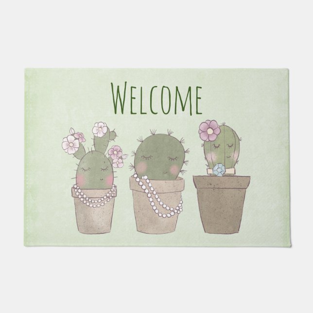 Paillasson Aquarelle Cactus Trio Souriant Design Bienvenue (Devant)