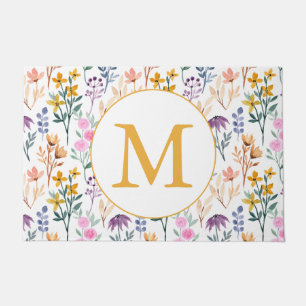 Paillasson Aquarelle colorée Fleur de printemps Motif Monogra