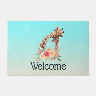 Paillasson Aquarelle Cute Giraffe Maman & Baby Welcome