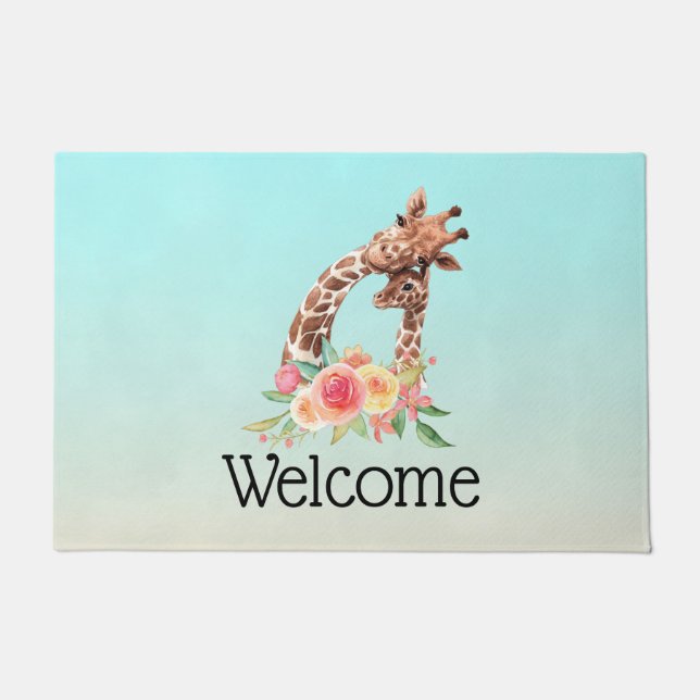 Paillasson Aquarelle Cute Giraffe Maman & Baby Welcome (Devant)