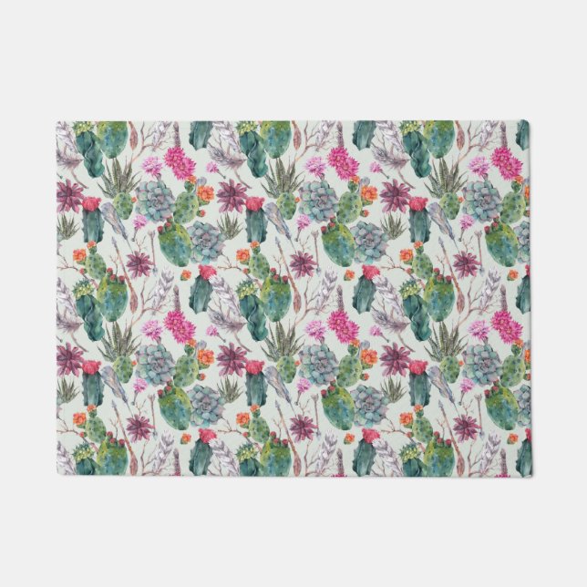 Paillasson Aquarelle de bois exotique Cactus et Motif succule (Devant)