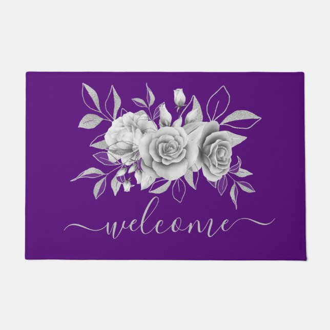Paillasson Aquarelle florale mauve d'argent "Bienvenue" (Devant)