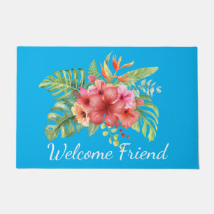 Paillasson Aquarelle Hibiscus Fleurs Bienvenue