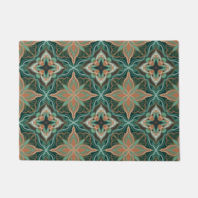 Paillasson Aquarelle Marocaine Turquoise Carrelage Floral (Devant)