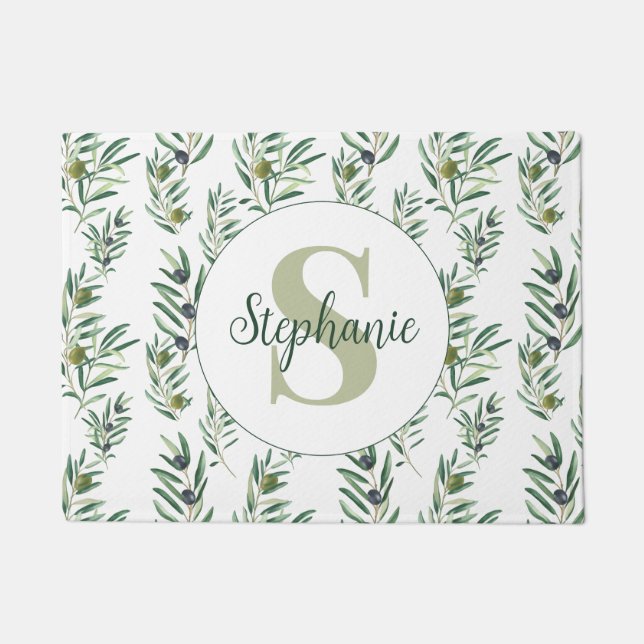 Paillasson Aquarelle Monogramme Nom Motif Branches d'Olivier (Devant)