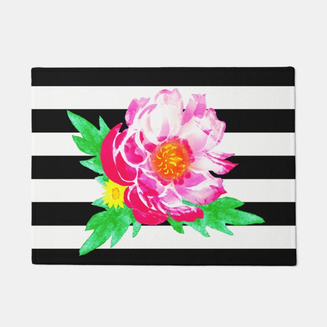 Paillasson Aquarelle Peony rose Noir & Blanc Porte Mat (Devant)