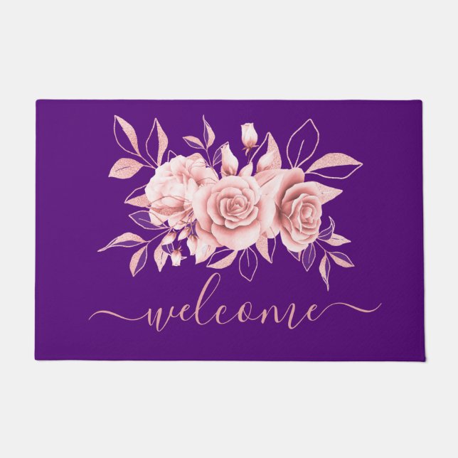 Paillasson Aquarelle Rose dorée violet florale "Bienvenue" (Devant)