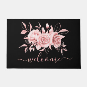 Paillasson Aquarelle Rose Gold Black Floral "Bienvenue"