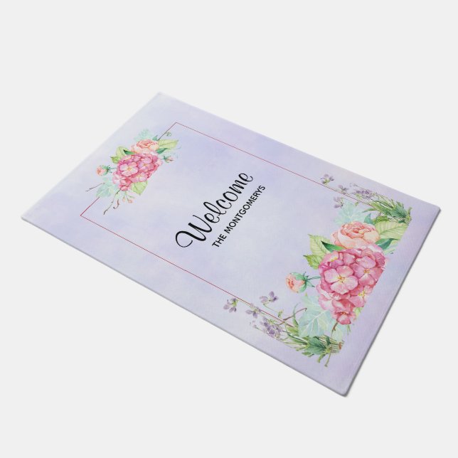Paillasson Aquarelle rose moderne Cadre Floral Accueil (Incliné)