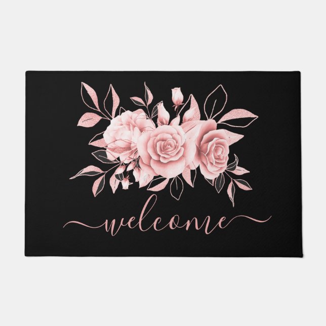 Paillasson Aquarelle rose or noir floral "Bienvenue" (Devant)