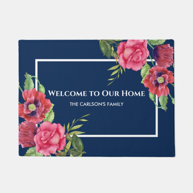 Paillasson Aquarelle Rouge et rose Fleurs bleu foncé Marine (Devant)