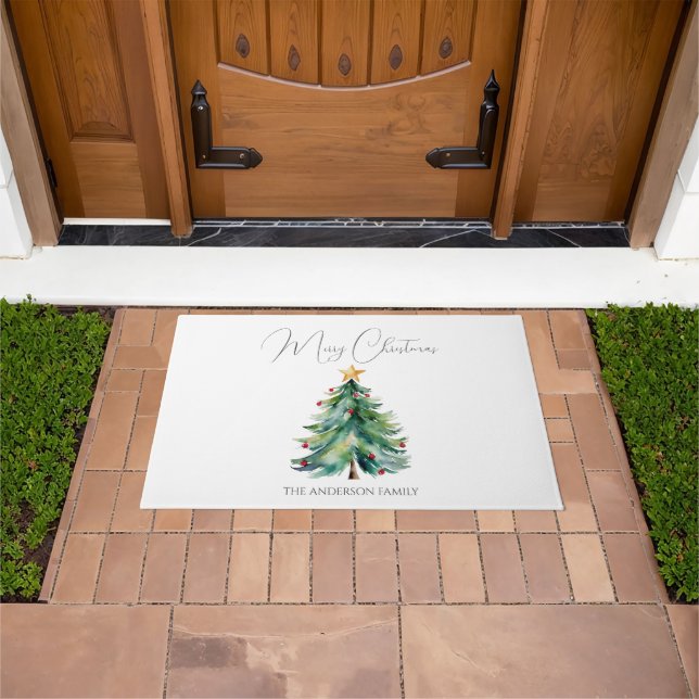 Paillasson Aquarelle simple Joyeux Arbre de Noël Bienvenue (De plein air)