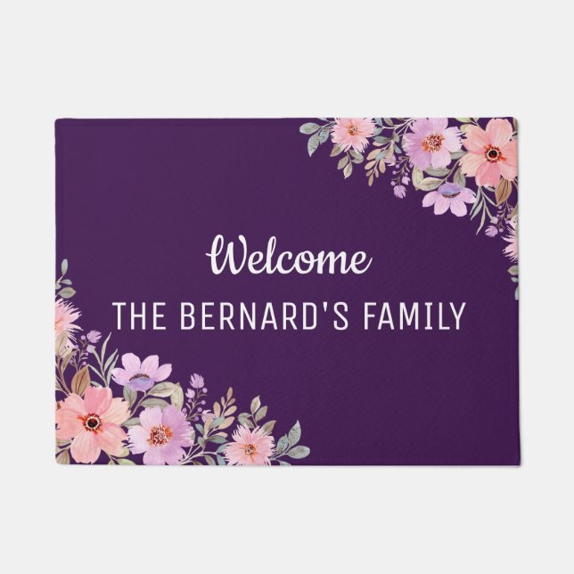 Paillasson Aquarelle violet script d'accueil fleuri Door Mat (Devant)