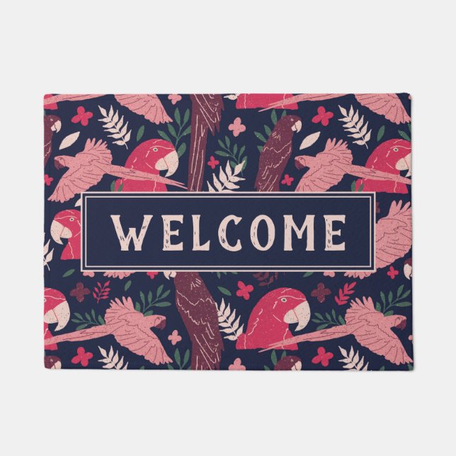 Paillasson Ara Parrot Red Tropical Motif Bienvenue (Devant)