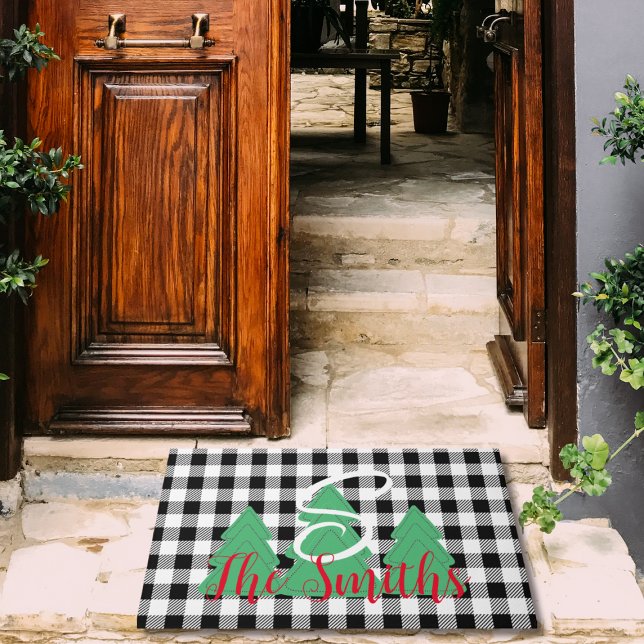 Paillasson Arbre de Noël Monogramme Buffle noir blanc Plaid (Créateur téléchargé)