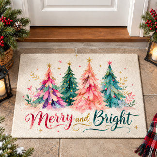 Paillasson Arbres de Noël aquarelles colorés Joyeux & Lumineu