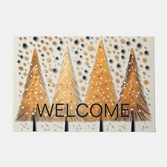 Paillasson Arbres de Noël dorés Flammes de neige brillantes F (Devant)