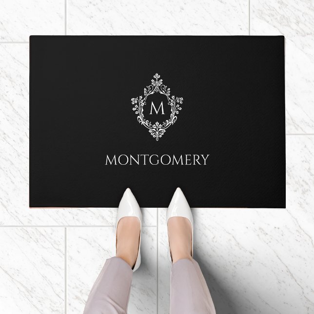 Paillasson Arrière-plan élégant Monogramme Initial Nom Noir & (Créateur téléchargé)