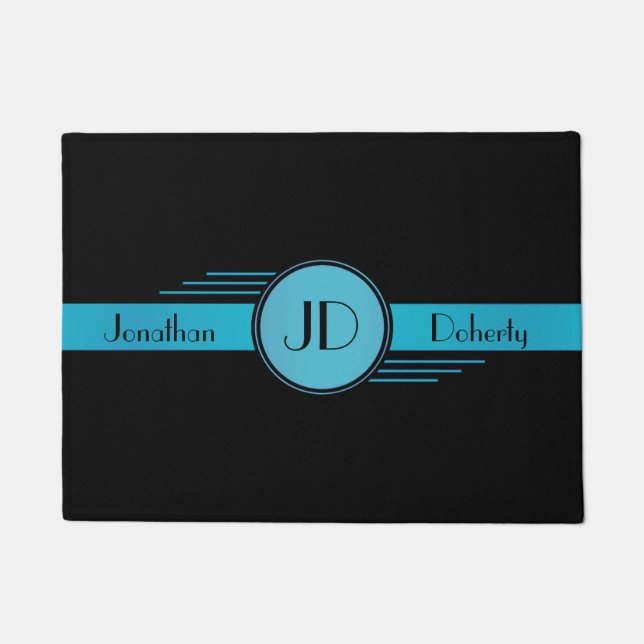 Paillasson Art déco bleu et noir de monogramme (Devant)