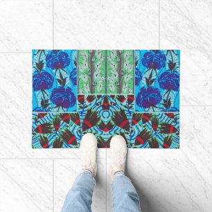 Paillasson Art floral bleu et vert maximaliste vibrant