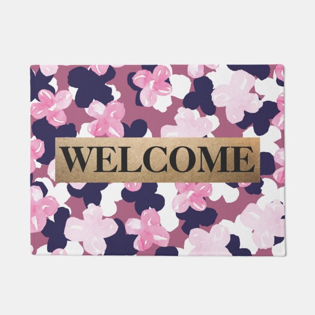 Paillasson Artsy rose marine bleu aquarelle Floral Monogramme (Devant)