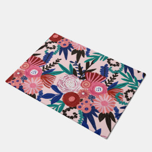 Paillasson Artsy rose rouge bleu acrylique Fleurs peintes Feu