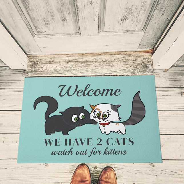 Paillasson Attention Kittens Turquoise Funny Cat Doormat (Watch out for the kittens! Purrfect doormat for a two cat family)