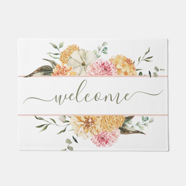 Paillasson Automne Aquarelle Citrouille Floral Welcome Script (Devant)