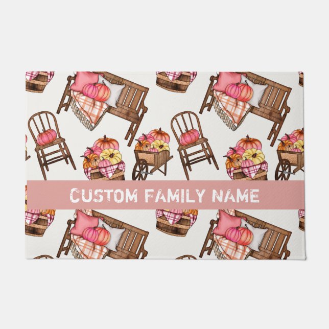 Paillasson Automne Automne Rose Citrouille Porte Mat (Devant)