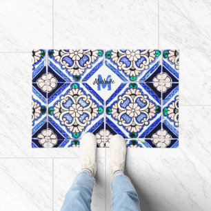Paillasson Azulejo Motif espagnol Carreaux marine Monogramme