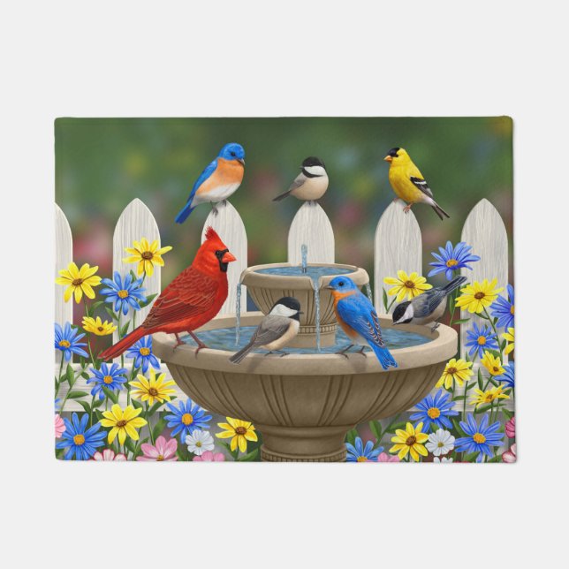 Paillasson Bain d'oiseaux coloré du jardin de printemps (Devant)