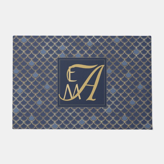 Paillasson Balances de sirène Monogramme Marine Bleu Or Décor (Devant)