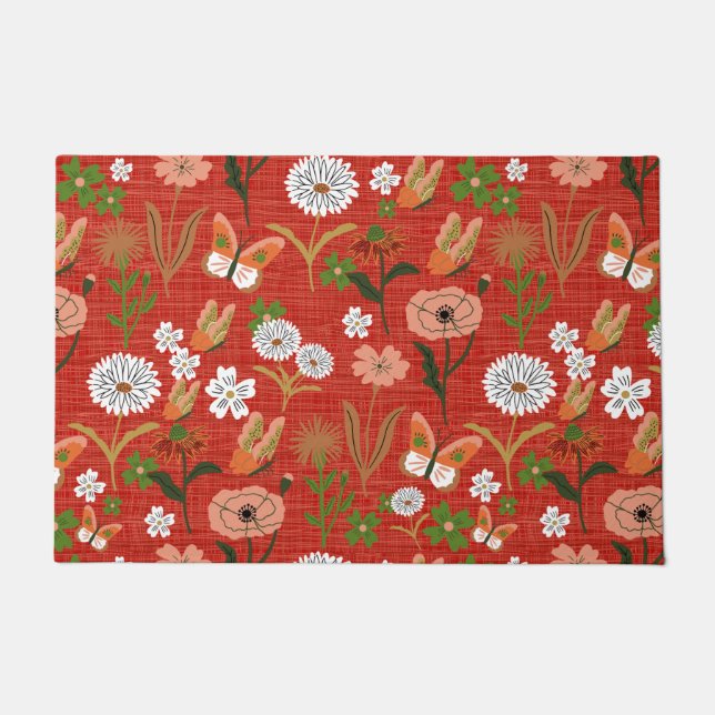 Paillasson Bambou brut Shamrocks floraux papillons en rouge (Devant)