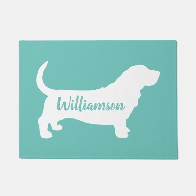 Paillasson Basset Hound Silhouette personnalisée Turquoise et (Devant)