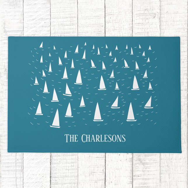 Paillasson Bateau à voile personnalisé nautique (Sailing boat regatta personalized family name doormat)