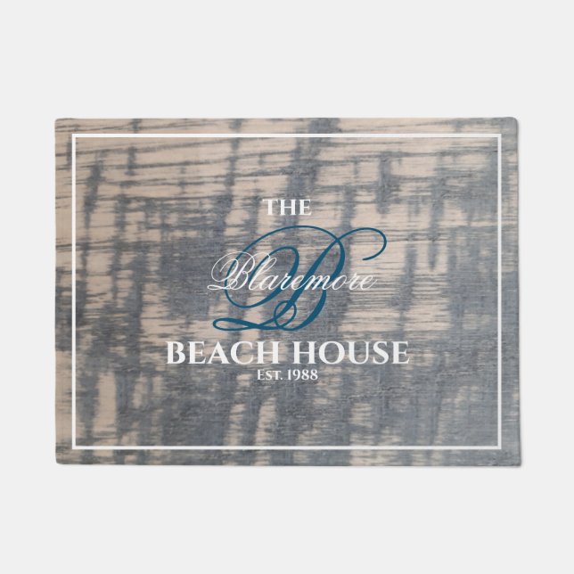 Paillasson Beach House Rustic Wood Effet Blue Script initial (Devant)