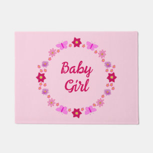 Paillasson Bébé rose Papillons et fleurs personnalisés