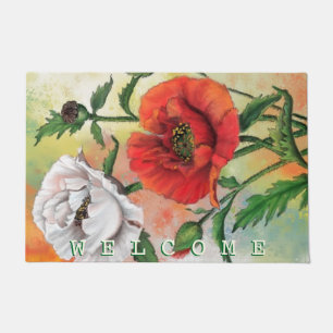 Paillasson Belle peinture de pavots blancs rouges - Bienvenue