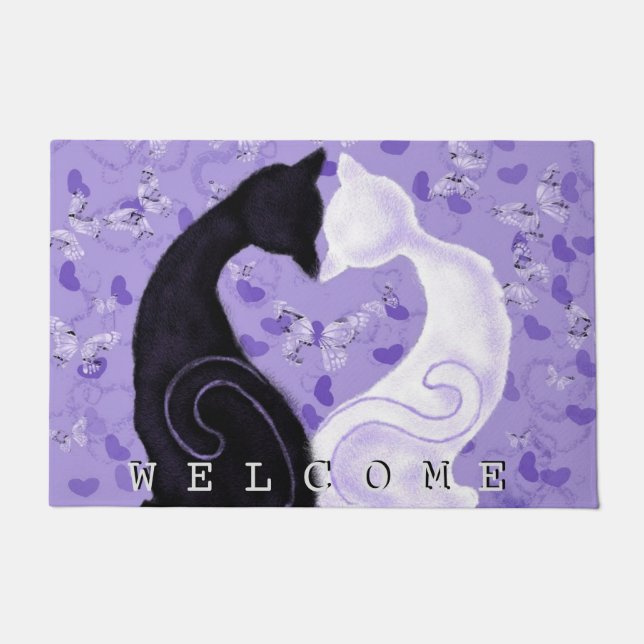 Paillasson Belle Porte d'Amour Couple Chat - Bienvenue (Devant)