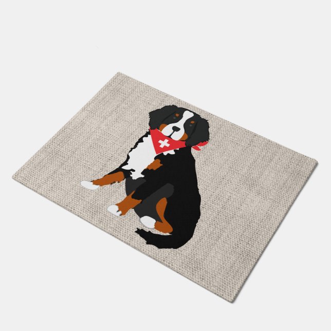 Paillasson Bernese Mountain Dog Croix suisse Tan Burlap (Incliné)