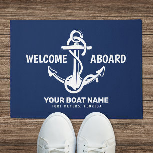 Paillasson Bienvenue à bord Nom de bateau bleu marine nautiqu