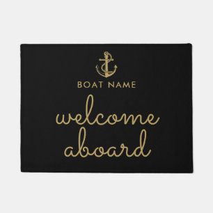 Paillasson Bienvenue à bord Nom du bateau à l'ancre noir et o