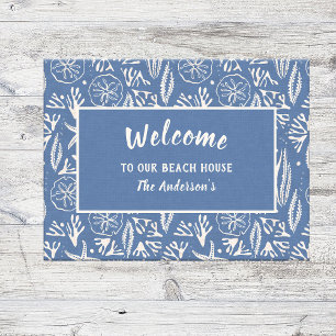 Paillasson Bienvenue à notre Beach House Navy-Blue Hand-Drawn